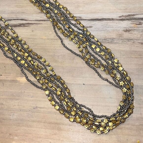 8 Strand Gold Pewter Mixed Bead And Seed Beads Necklace, 40” - Picture 1 of 6